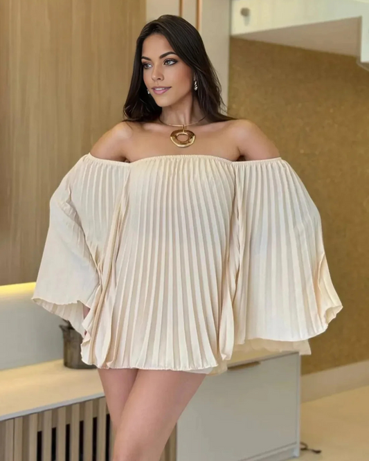 Vestido Curto Plissado com Mangas Largas e Elegante Decote Bardot para Mulher